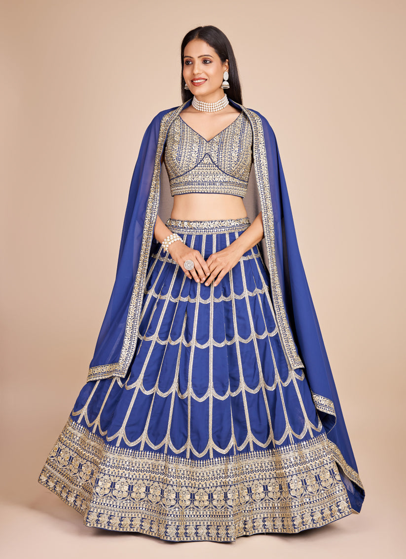 Blue Faux Georgette Embroidered Lehenga Choli