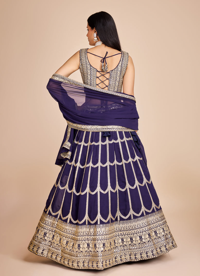 Navy Blue Faux Georgette Embroidered Lehenga Choli