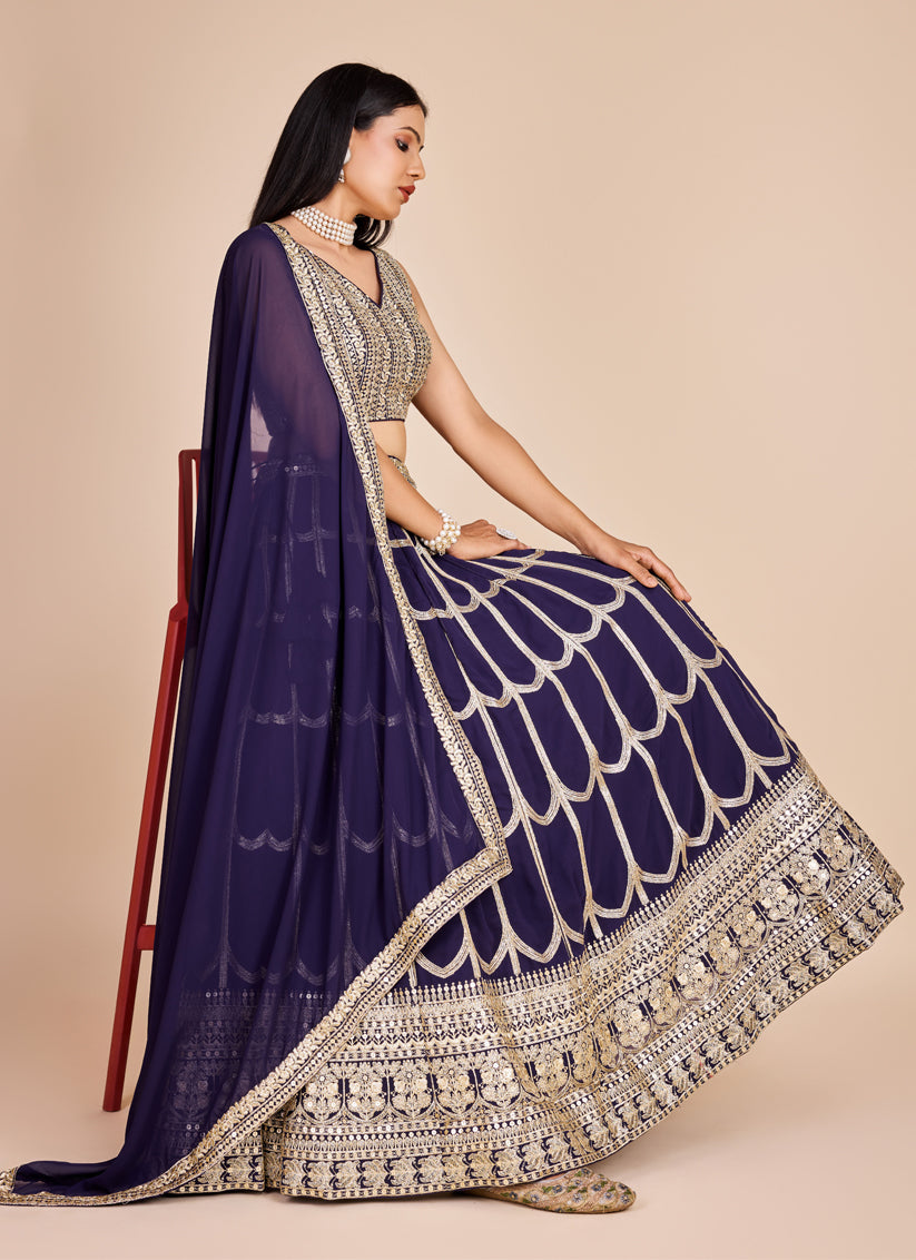 Navy Blue Faux Georgette Embroidered Lehenga Choli