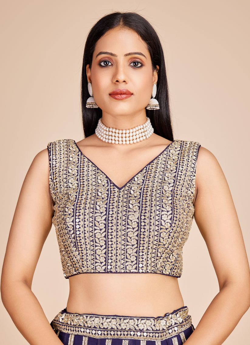 Navy Blue Faux Georgette Embroidered Lehenga Choli