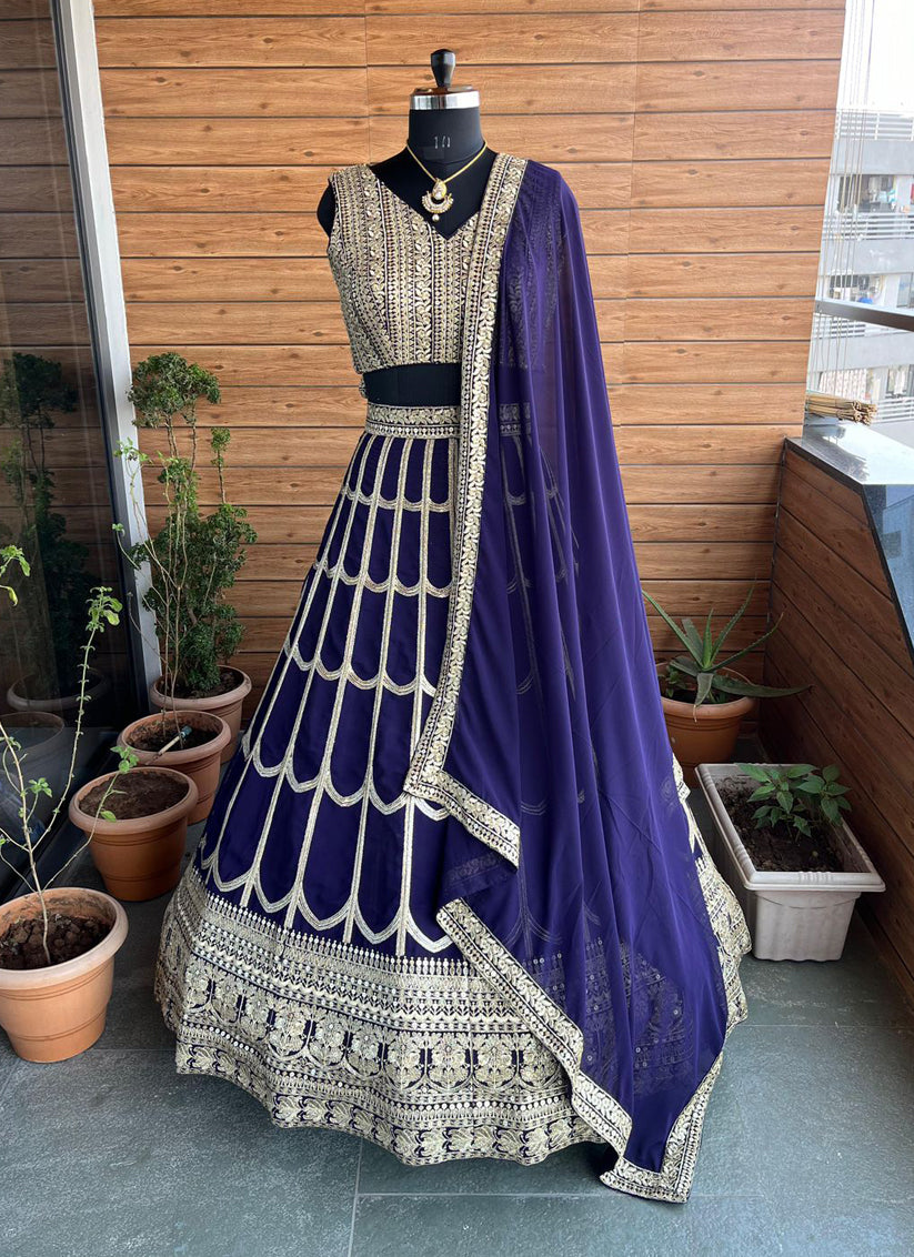 Navy Blue Faux Georgette Embroidered Lehenga Choli