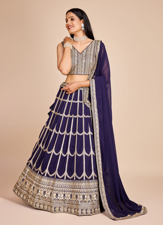 Navy Blue Faux Georgette Embroidered Lehenga Choli