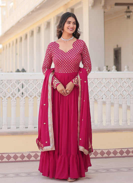 Rani Pink Faux Georgette Embroidered Gown with Dupatta