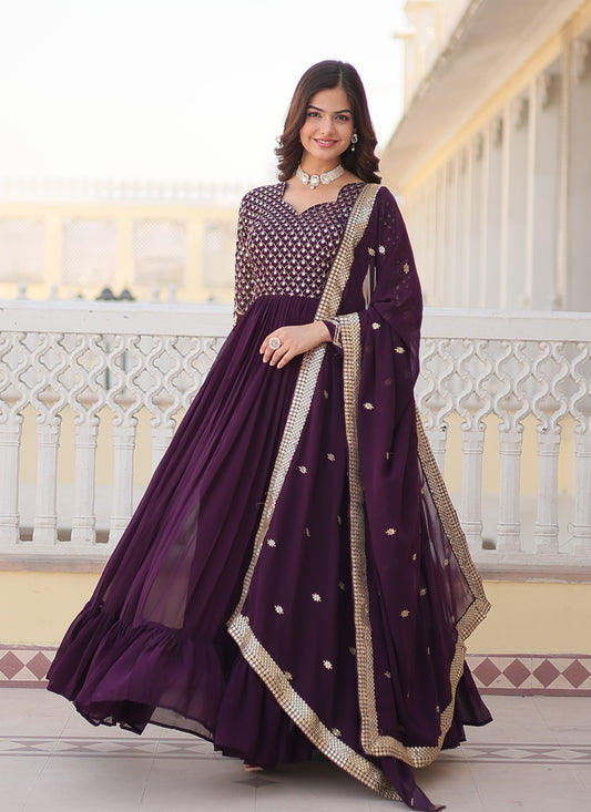 Burgundy Faux Georgette Embroidered Gown with Dupatta