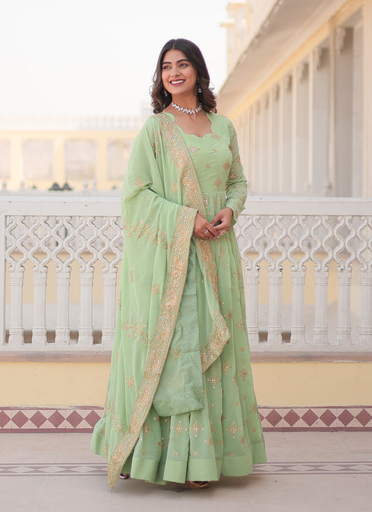 Pistachio Green Faux Georgette Embroidered Gown with Dupatta