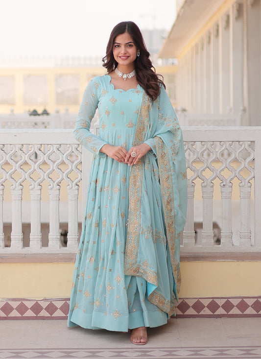 Ice Blue Faux Georgette Embroidered Gown with Dupatta
