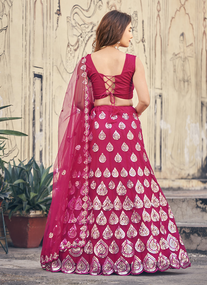 Magenta Net Sequence Wedding Lehenga Choli