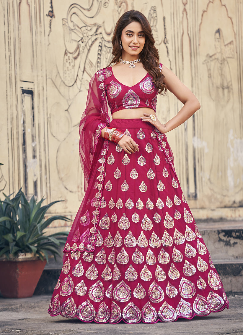 Magenta Net Sequence Wedding Lehenga Choli