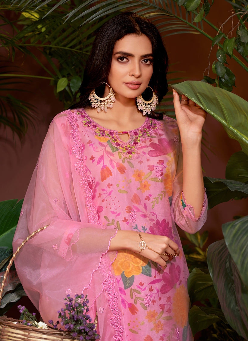 Carnation Pink Organza Embroidered Readymade Pant Kameez For Festival