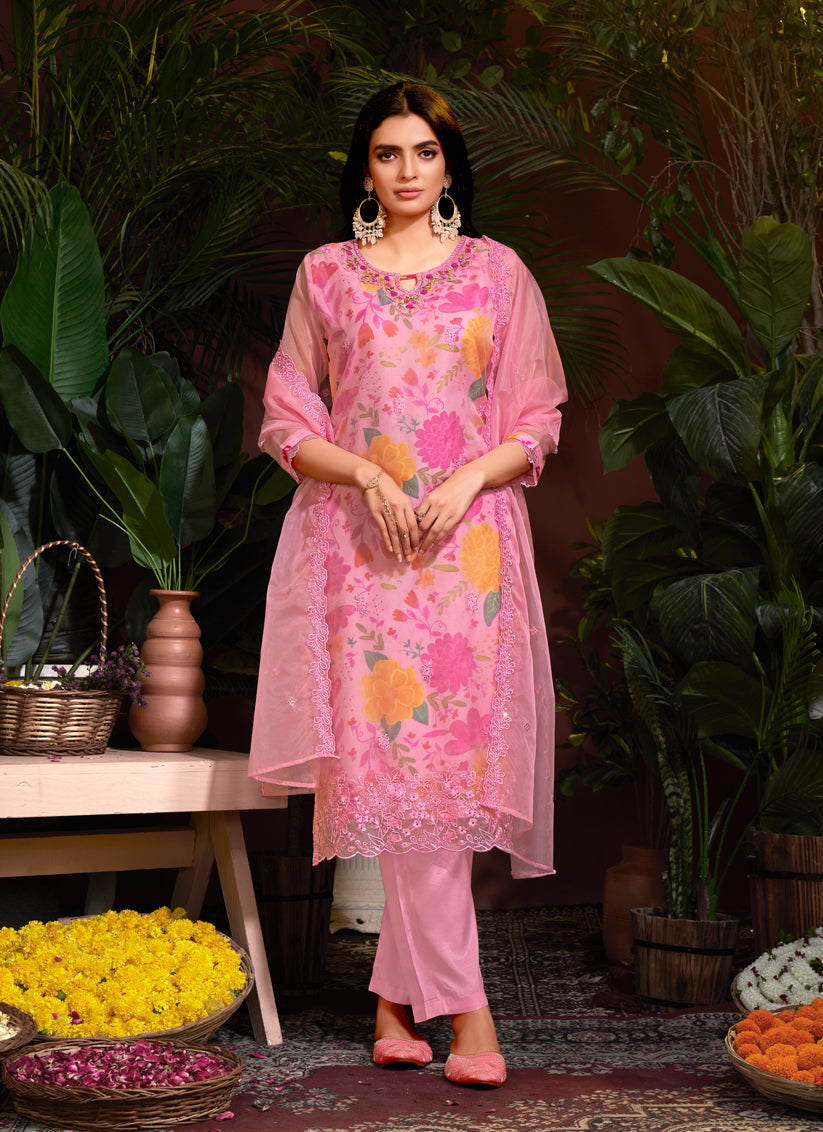 Carnation Pink Organza Embroidered Readymade Pant Kameez For Festival