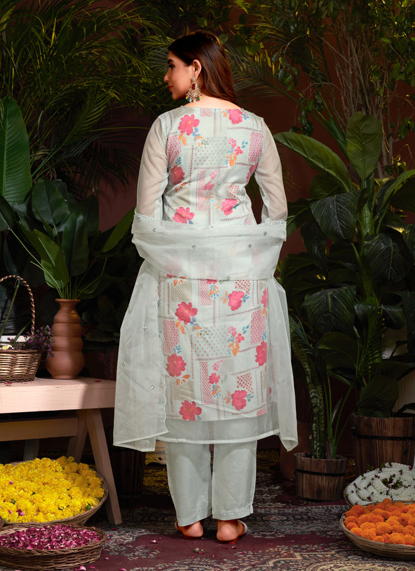 Silver Organza Embroidered Readymade Pant Kameez For Festival