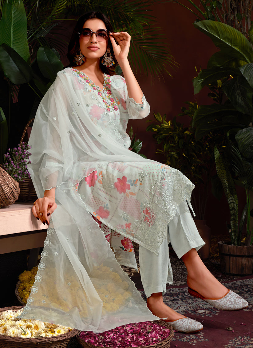 Silver Organza Embroidered Readymade Pant Kameez For Festival