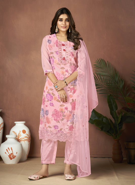 Rose Pink Organza Embroidered Readymade Pant Kameez For Festival