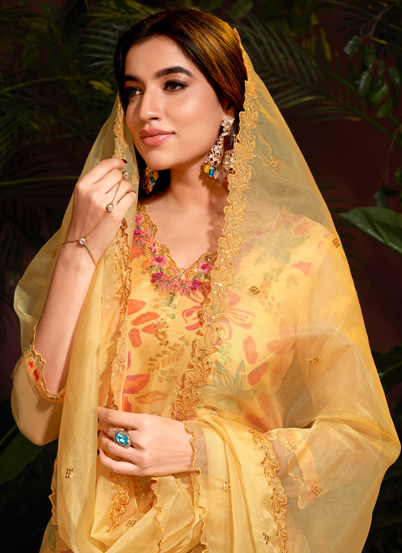 Yellow Organza Embroidered Readymade Pant Kameez For Festival