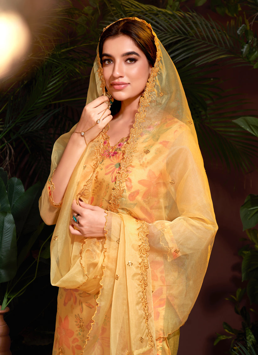 Yellow Organza Embroidered Readymade Pant Kameez For Festival