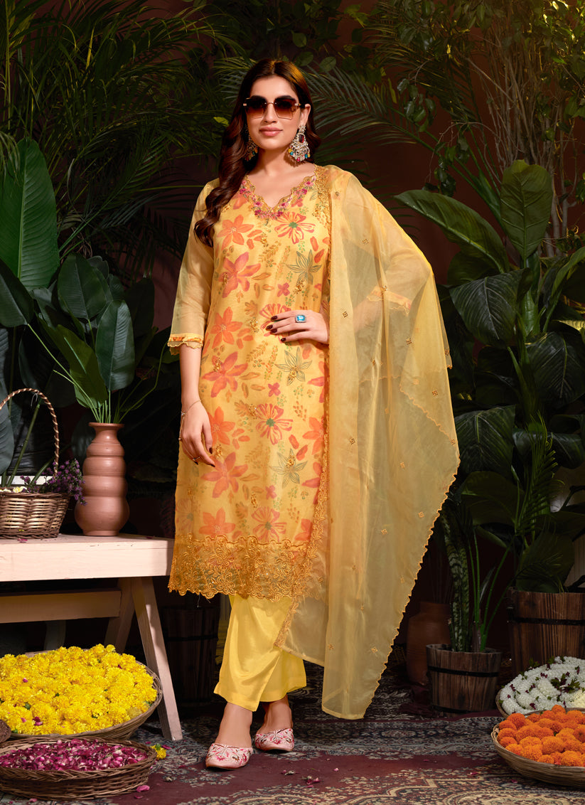 Yellow Organza Embroidered Readymade Pant Kameez For Festival