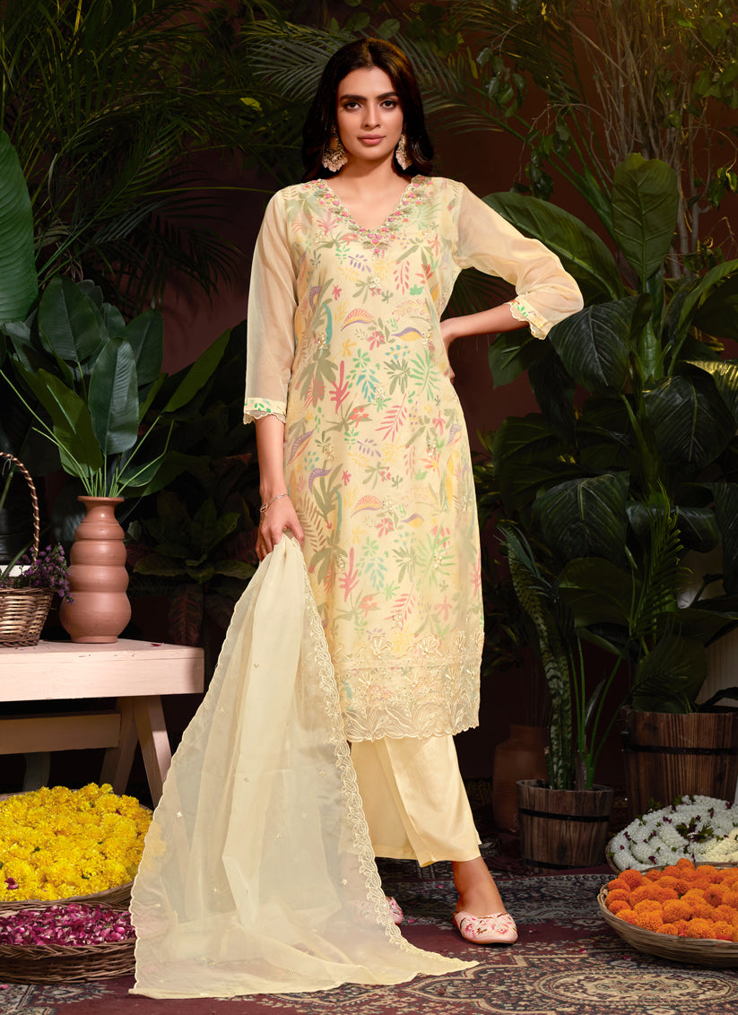 Cream Organza Embroidered Readymade Pant Kameez For Festival