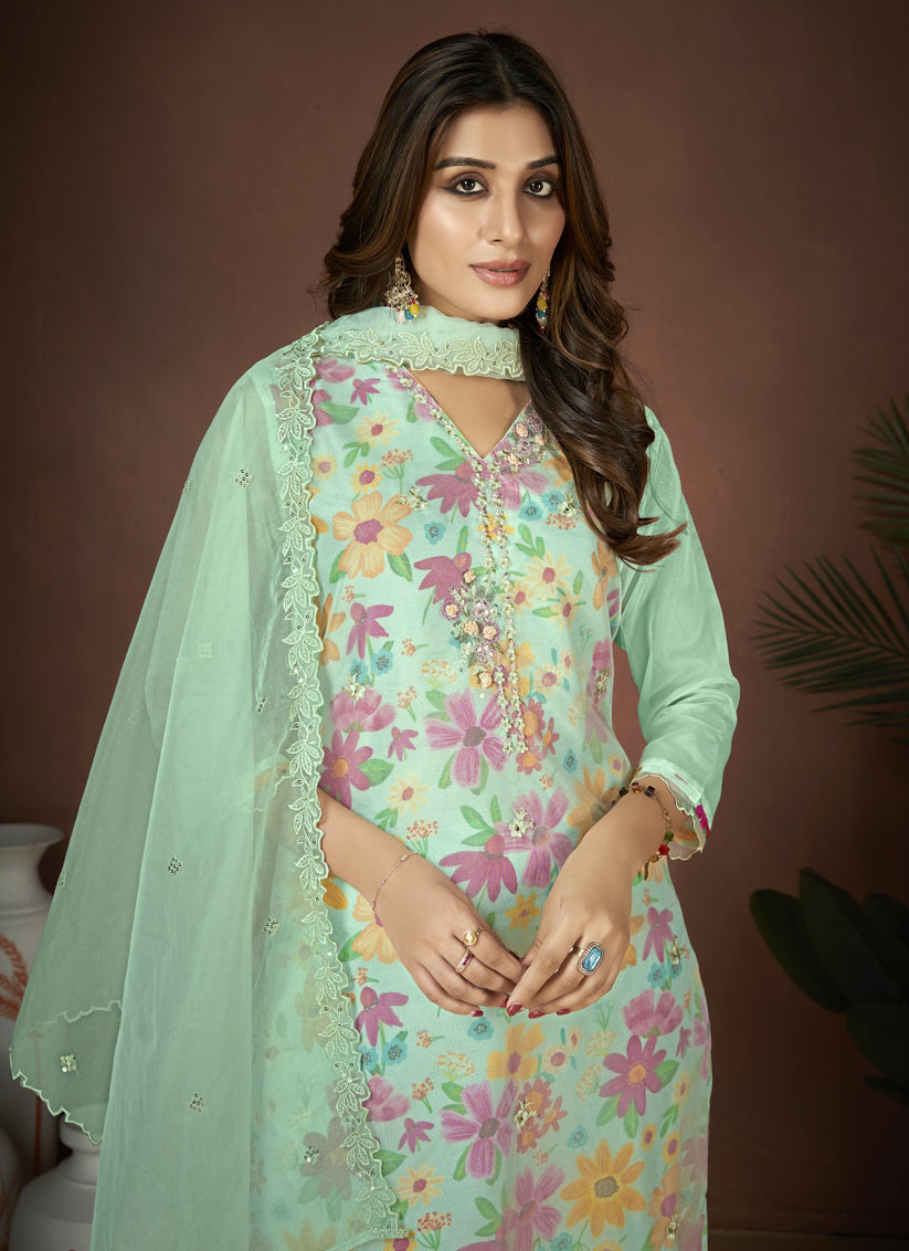 Ice Mint Organza Embroidered Readymade Pant Kameez For Festival