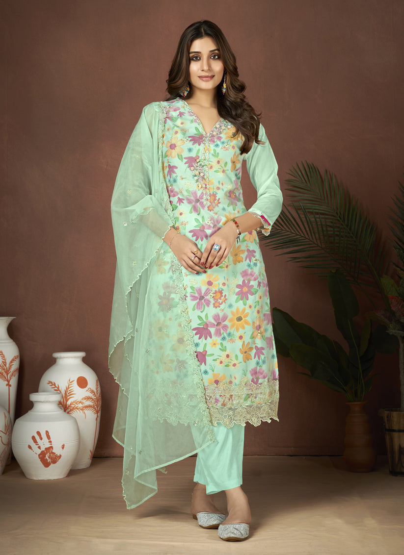 Ice Mint Organza Embroidered Readymade Pant Kameez For Festival