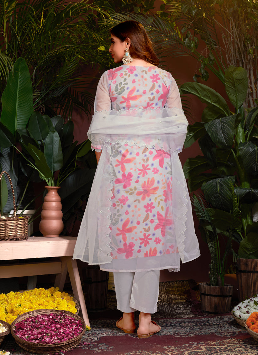 Soft Grey Organza Embroidered Readymade Pant Kameez For Festival