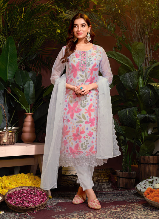 Soft Grey Organza Embroidered Readymade Pant Kameez For Festival