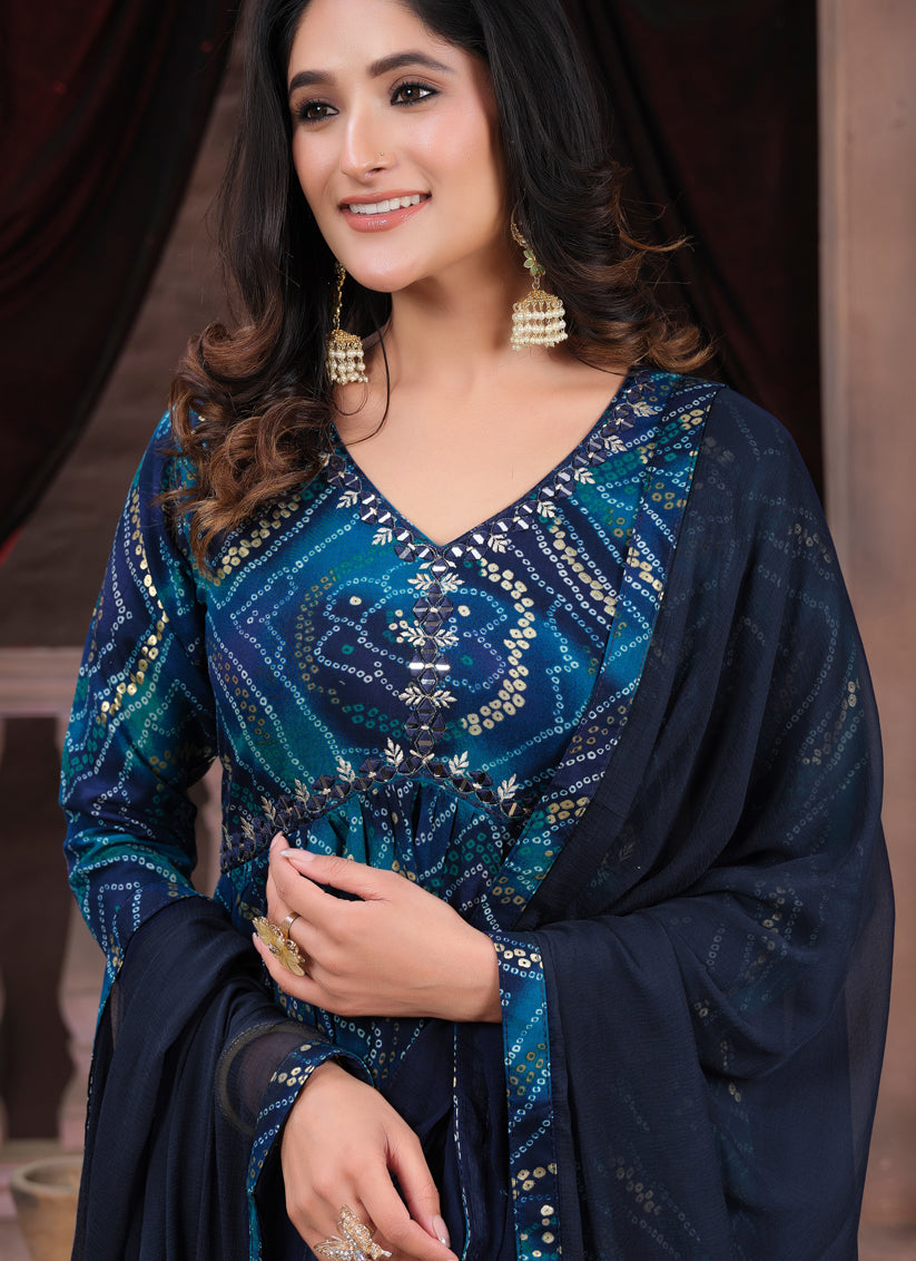 Navy Blue Rayon Printed Alia Cut Readymade Salwar Suit