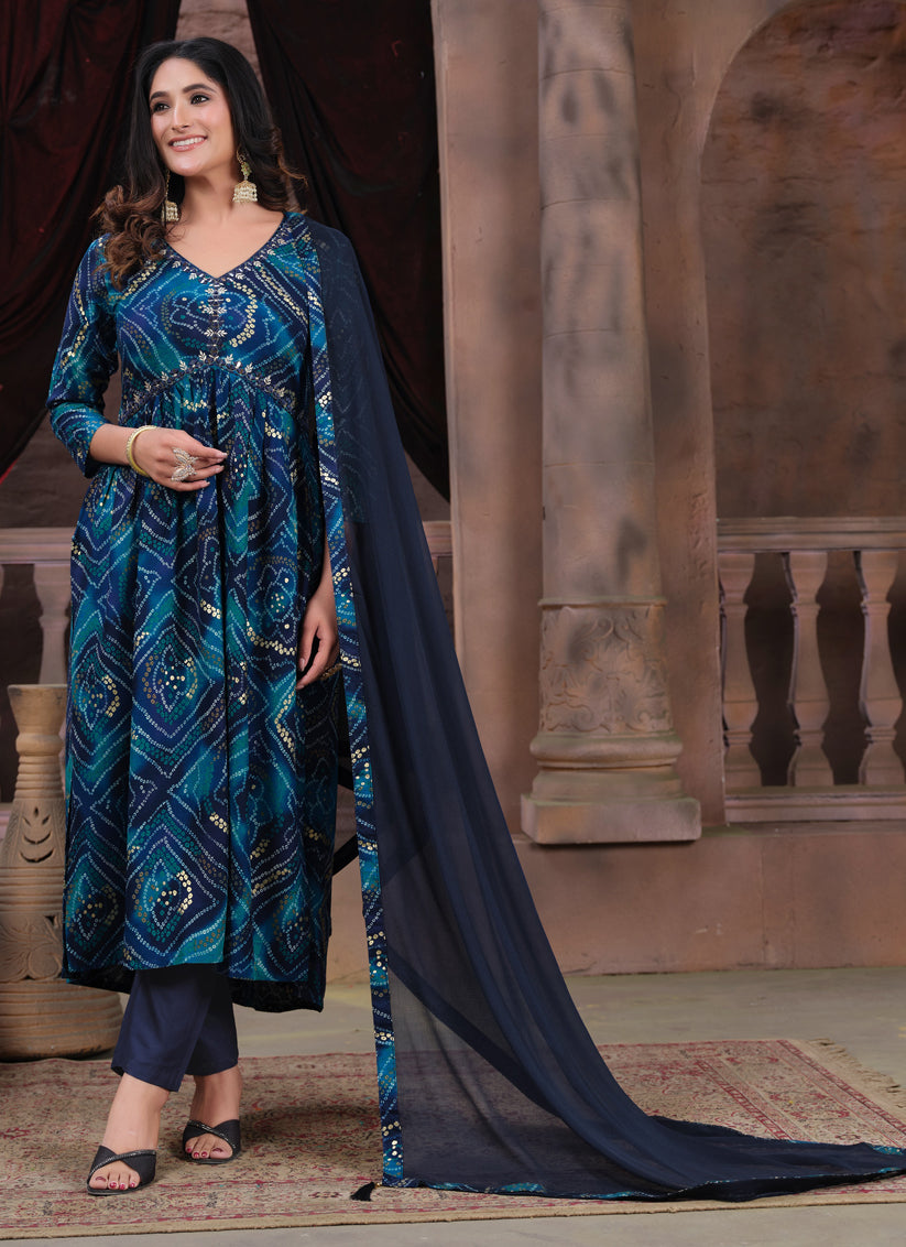 Navy Blue Rayon Printed Alia Cut Readymade Salwar Suit