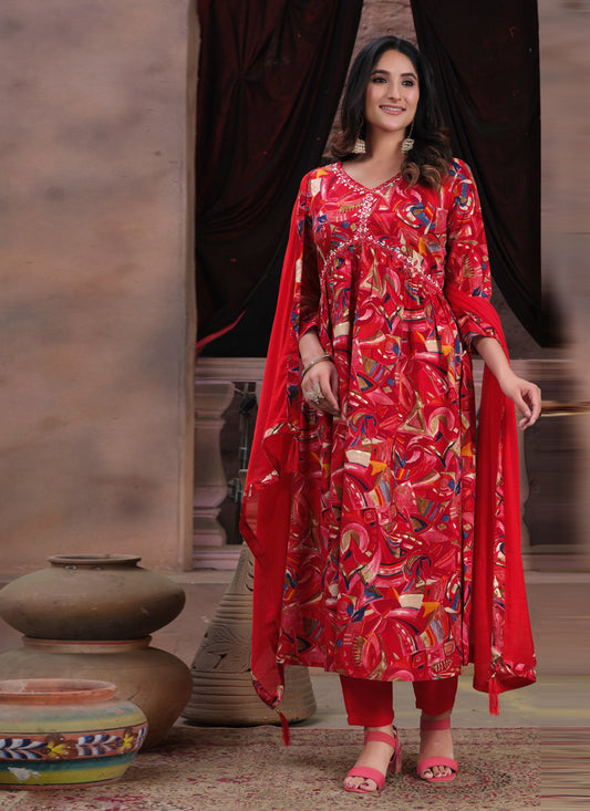 Red Rayon Printed Alia Cut Readymade Salwar Suit