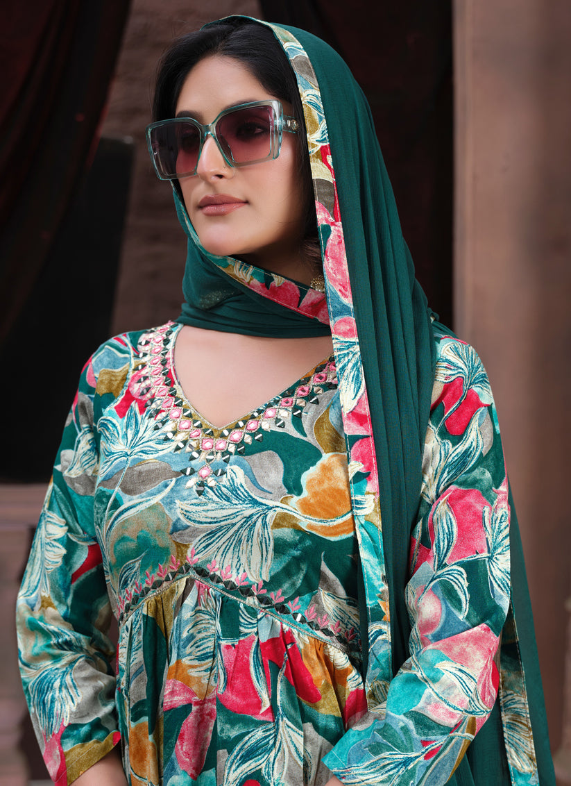 Teal Green Rayon Printed Alia Cut Readymade Salwar Suit