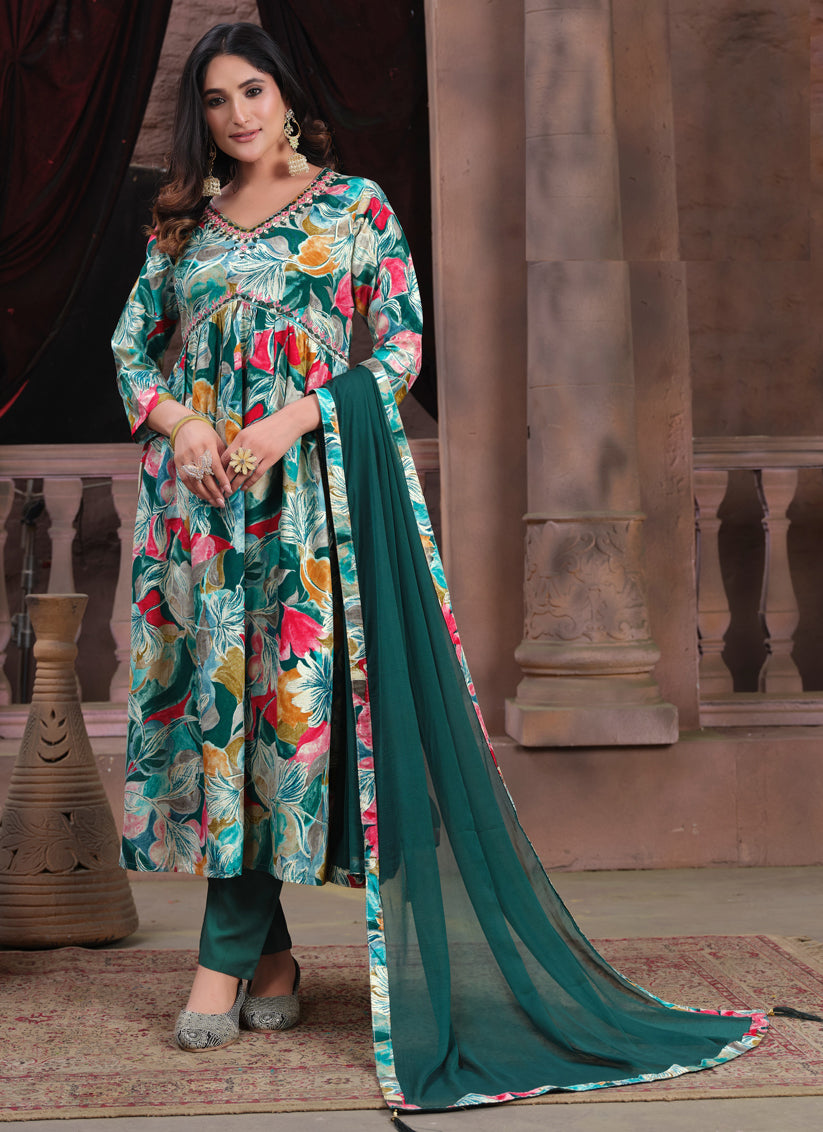 Teal Green Rayon Printed Alia Cut Readymade Salwar Suit