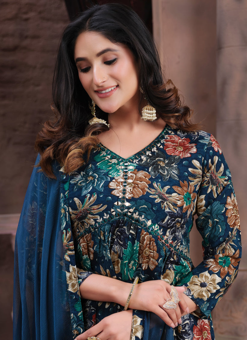 Navy Blue Rayon Printed Alia Cut Readymade Salwar Suit