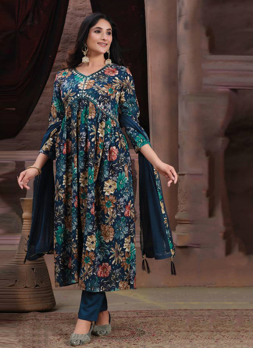 Navy Blue Rayon Printed Alia Cut Readymade Salwar Suit