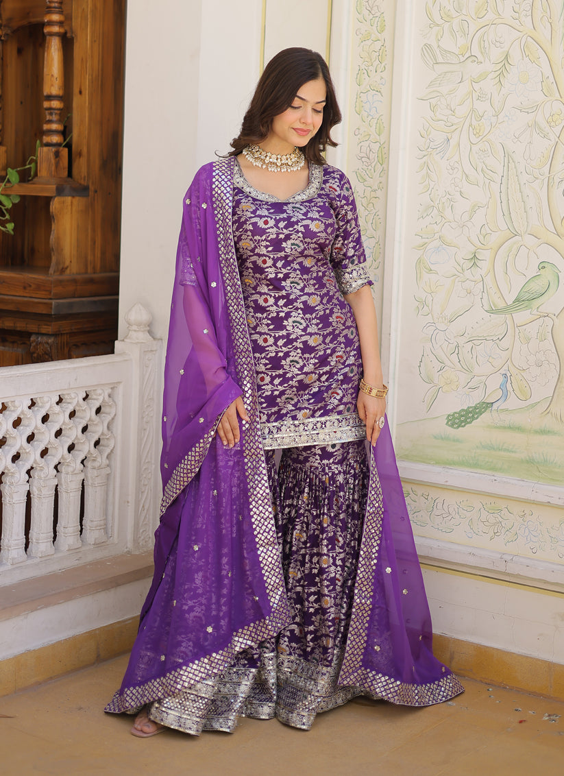 Purple Viscose Jacquard Readymade Sarara Suit