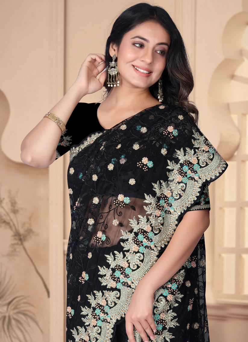 Black Net Resham Embroidered Designer Saree