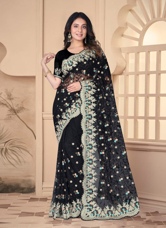 Black Net Resham Embroidered Designer Saree