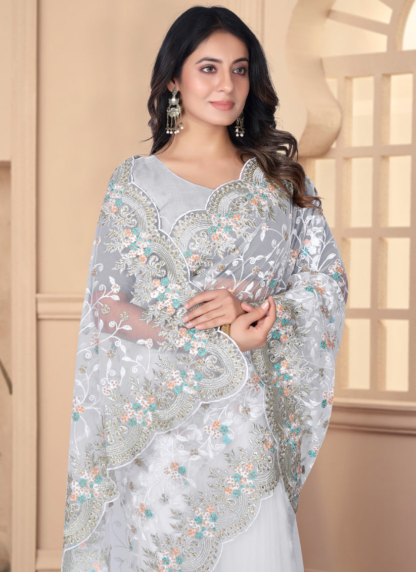 White Net Resham Embroidered Designer Saree