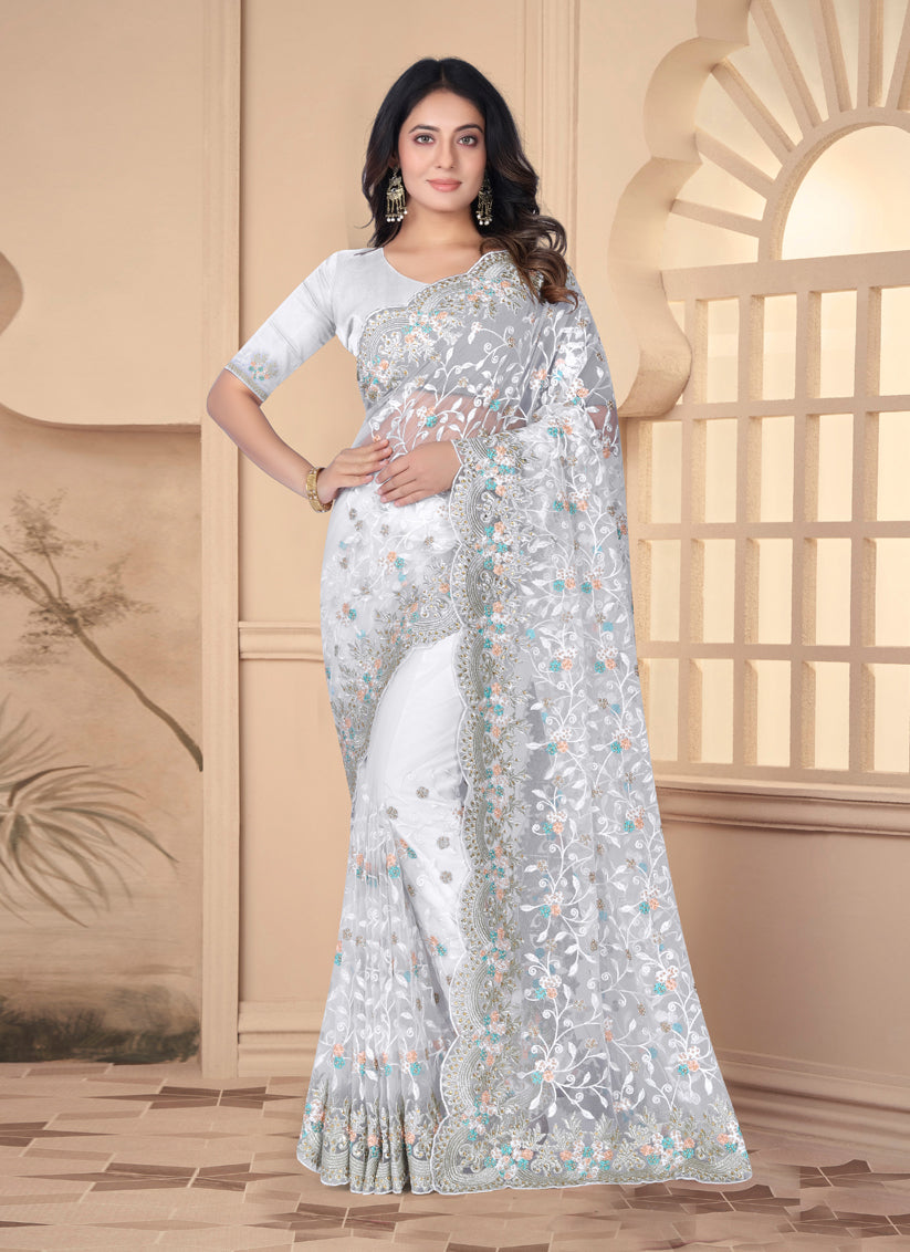 White Net Resham Embroidered Designer Saree