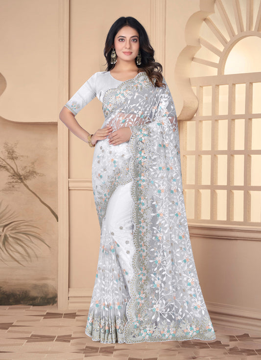 White Net Resham Embroidered Designer Saree