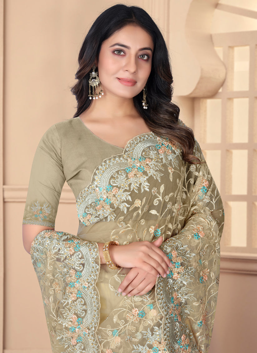 Beige Net Resham Embroidered Designer Saree