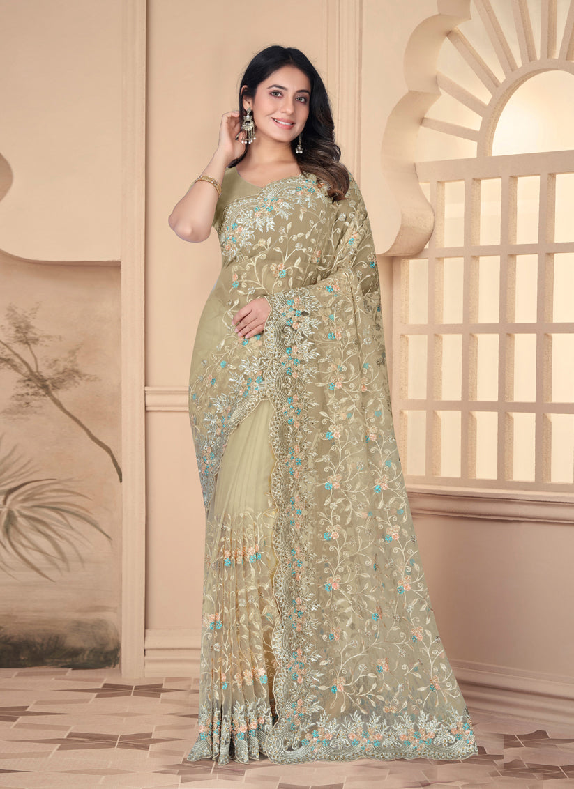 Beige Net Resham Embroidered Designer Saree