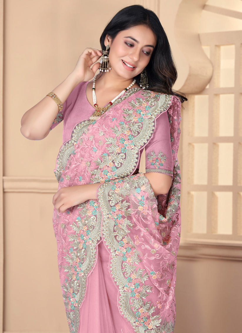 Carnation Pink Net Resham Embroidered Designer Saree