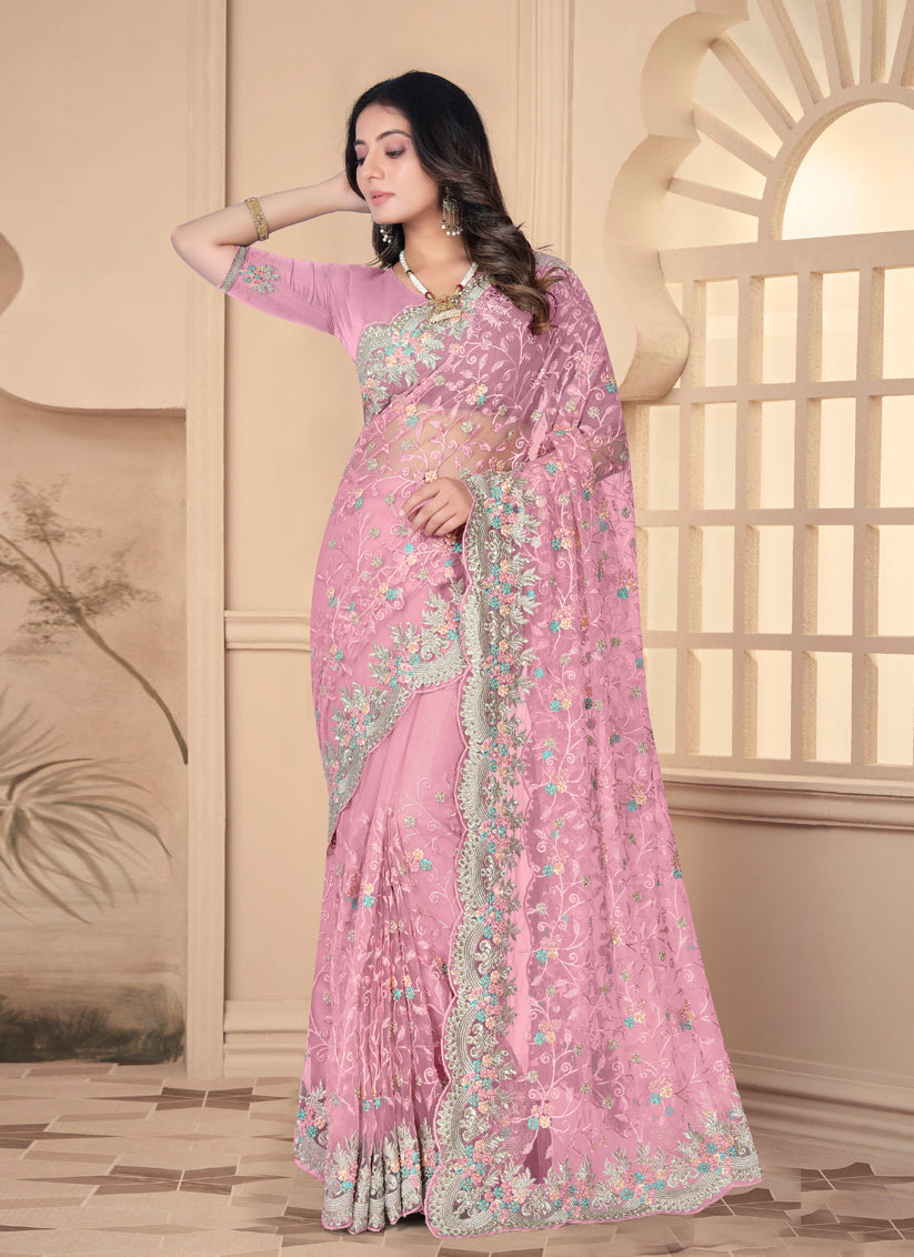 Carnation Pink Net Resham Embroidered Designer Saree