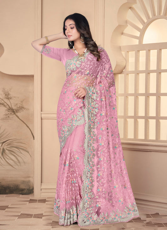 Carnation Pink Net Resham Embroidered Designer Saree