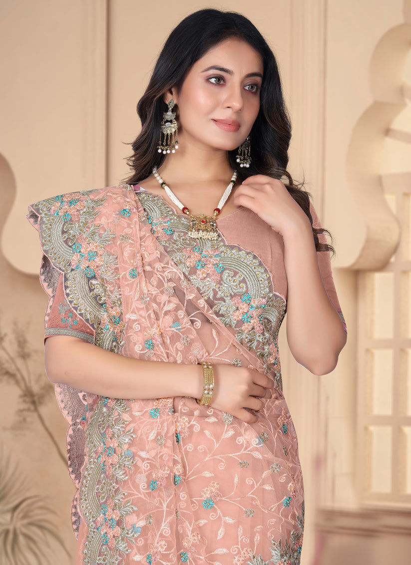 Peach Net Resham Embroidered Designer Saree