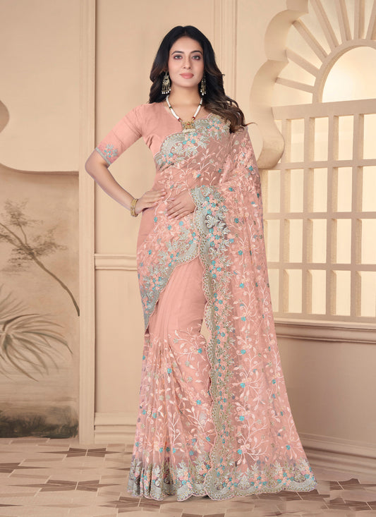 Peach Net Resham Embroidered Designer Saree