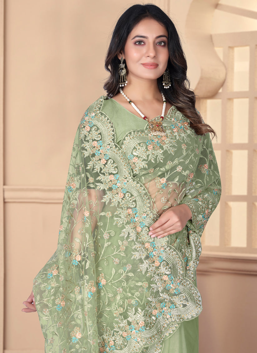 Pistachio Green Net Resham Embroidered Designer Saree