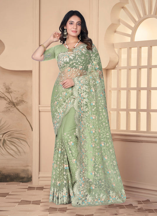 Pistachio Green Net Resham Embroidered Designer Saree