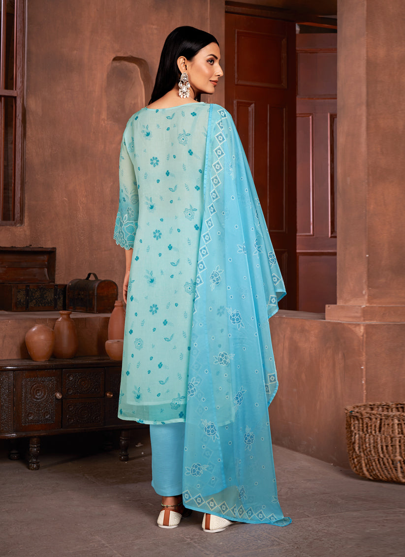 Ice Blue and Sky Blue Organza Readymade Pant Kameez