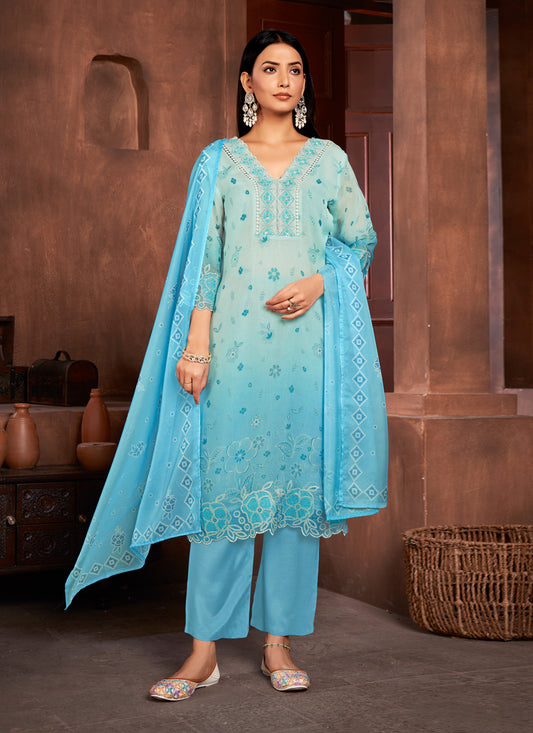 Ice Blue and Sky Blue Organza Readymade Pant Kameez