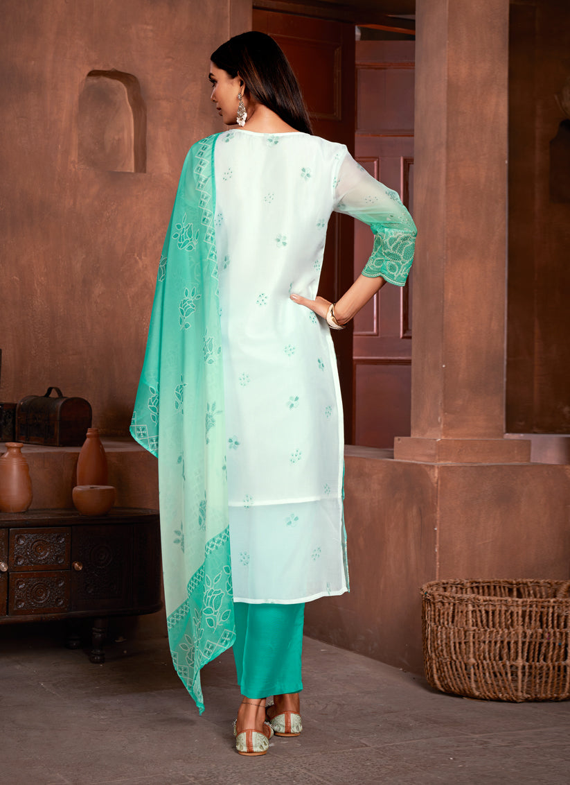 White and Sea Green Organza Readymade Pant Kameez